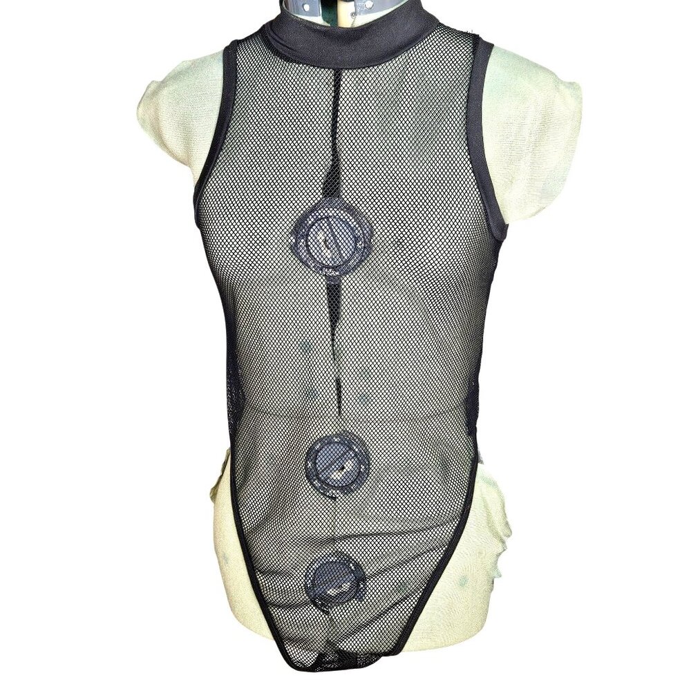 Woman's sheer mesh dark goth one piece zip up bodysuit base layer M-L